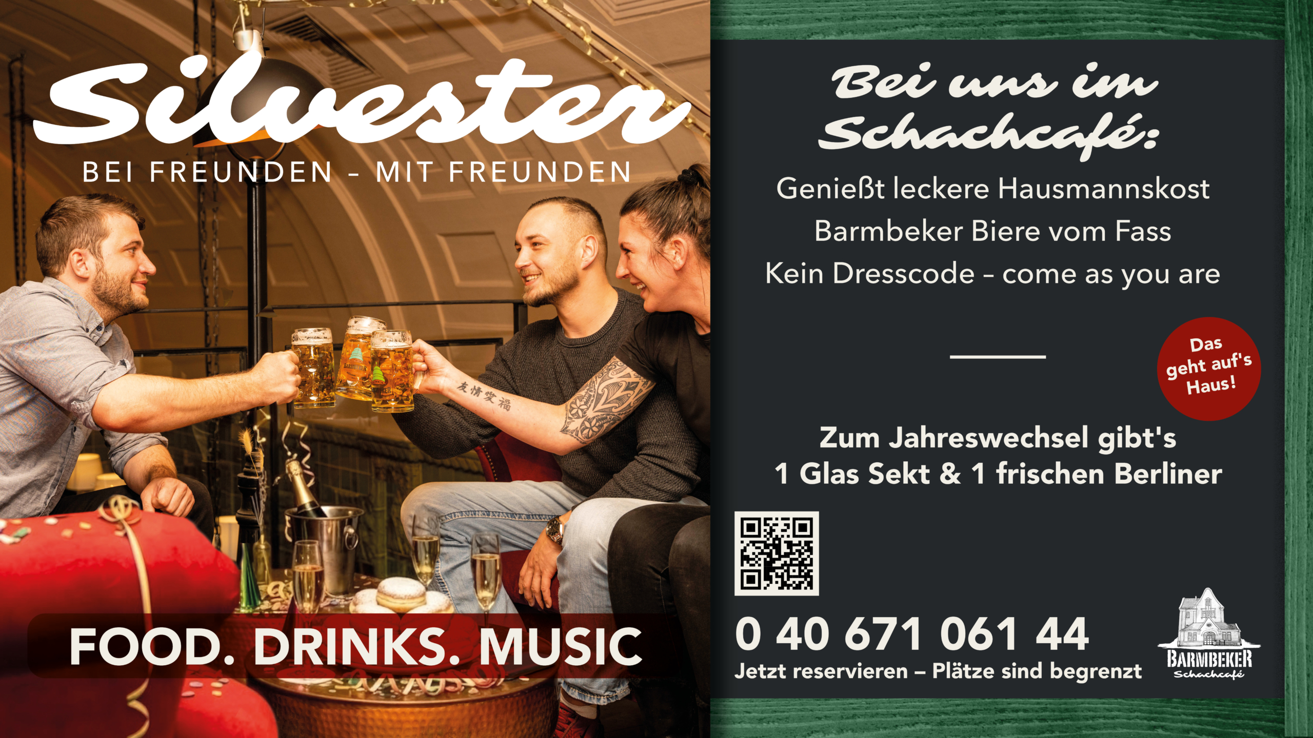 Silvesterfeier im Schachcafé Hamburg-Barmbek: Menschen feiern gemeinsam den Jahreswechsel in gemütlicher Atmosphäre bei leckerem Essen und Bier vom Fass. Motto: "Bei Freunden - mit Freunden".