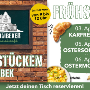 Werbegrafik für Osterfrühstück im Barmbeker Schachcafé am 03., 05. und 06. April von 9–12 Uhr inklusive Eierlikör aufs Haus.