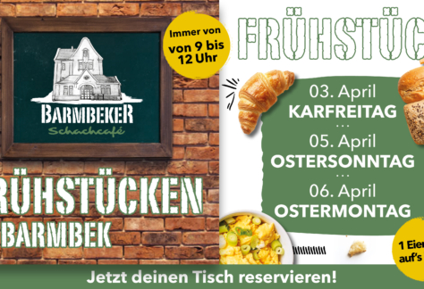 Werbegrafik für Osterfrühstück im Barmbeker Schachcafé am 03., 05. und 06. April von 9–12 Uhr inklusive Eierlikör aufs Haus.