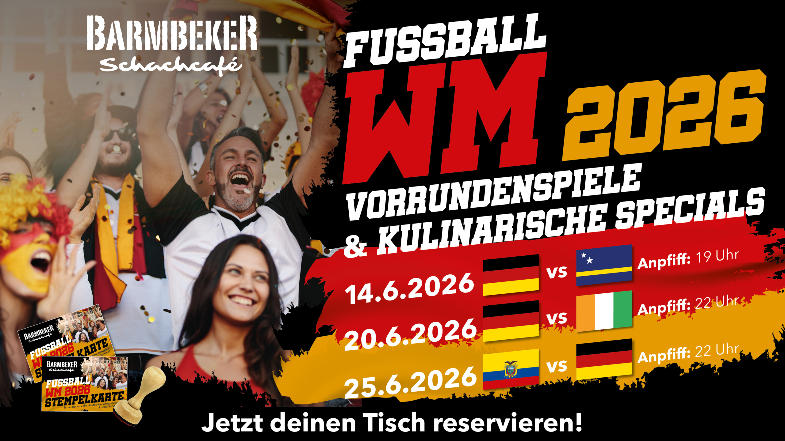 Fußball WM 2026 im Barmbeker Schachcafé Hamburg: Vorrundenspiele Deutschland live am 14.06., 20.06. und 25.06.2026, kulinarische Specials und WM Stempelkarte