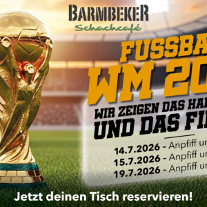 Alt-Text: Fußball WM 2026 Public Viewing im Barmbeker Schachcafé mit goldener Trophäe und Fußballstadion.