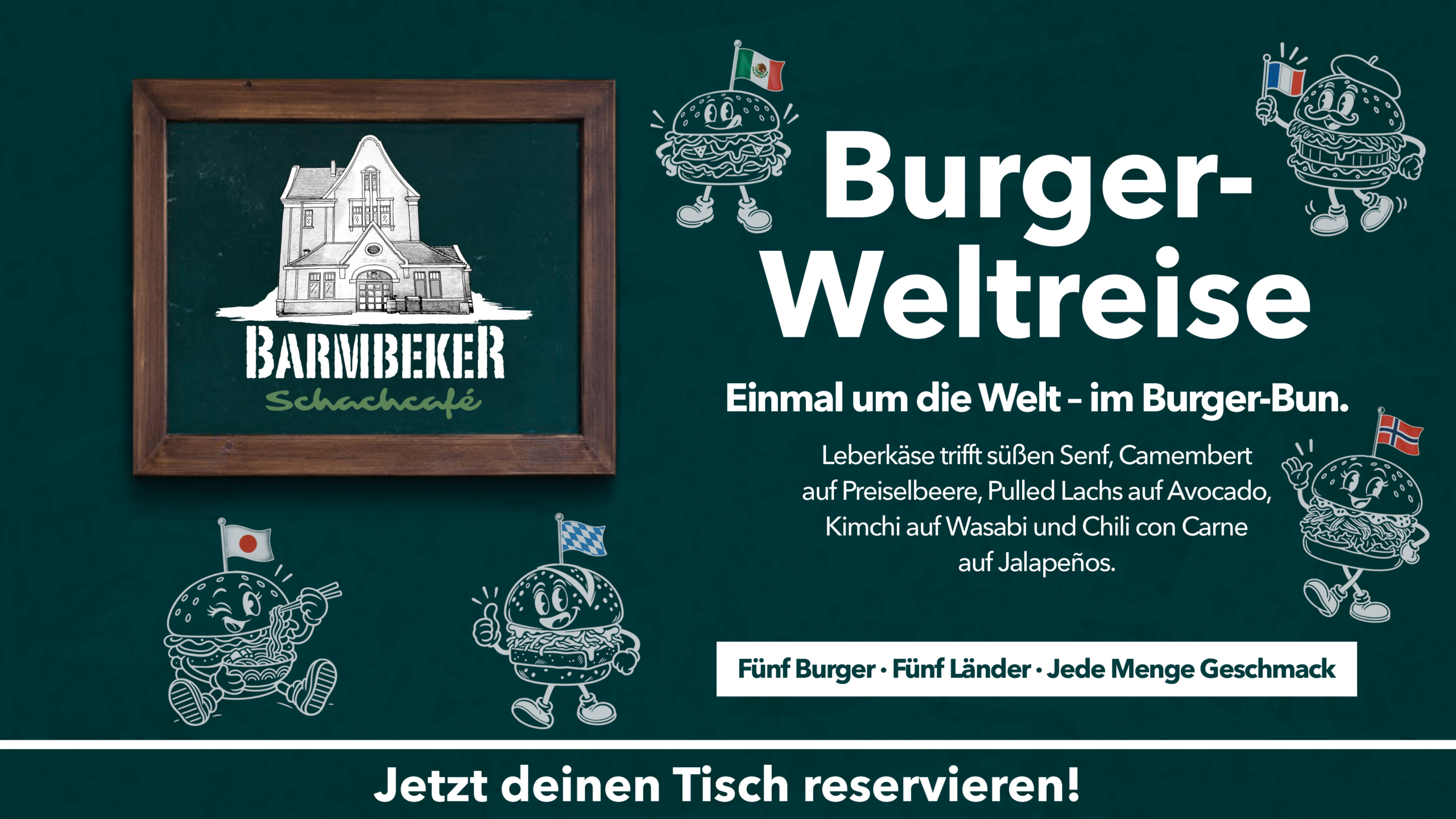 Burger Weltreise im Barmbeker Schachcafé mit fünf Burgern aus fünf Ländern von Bayern bis Japan