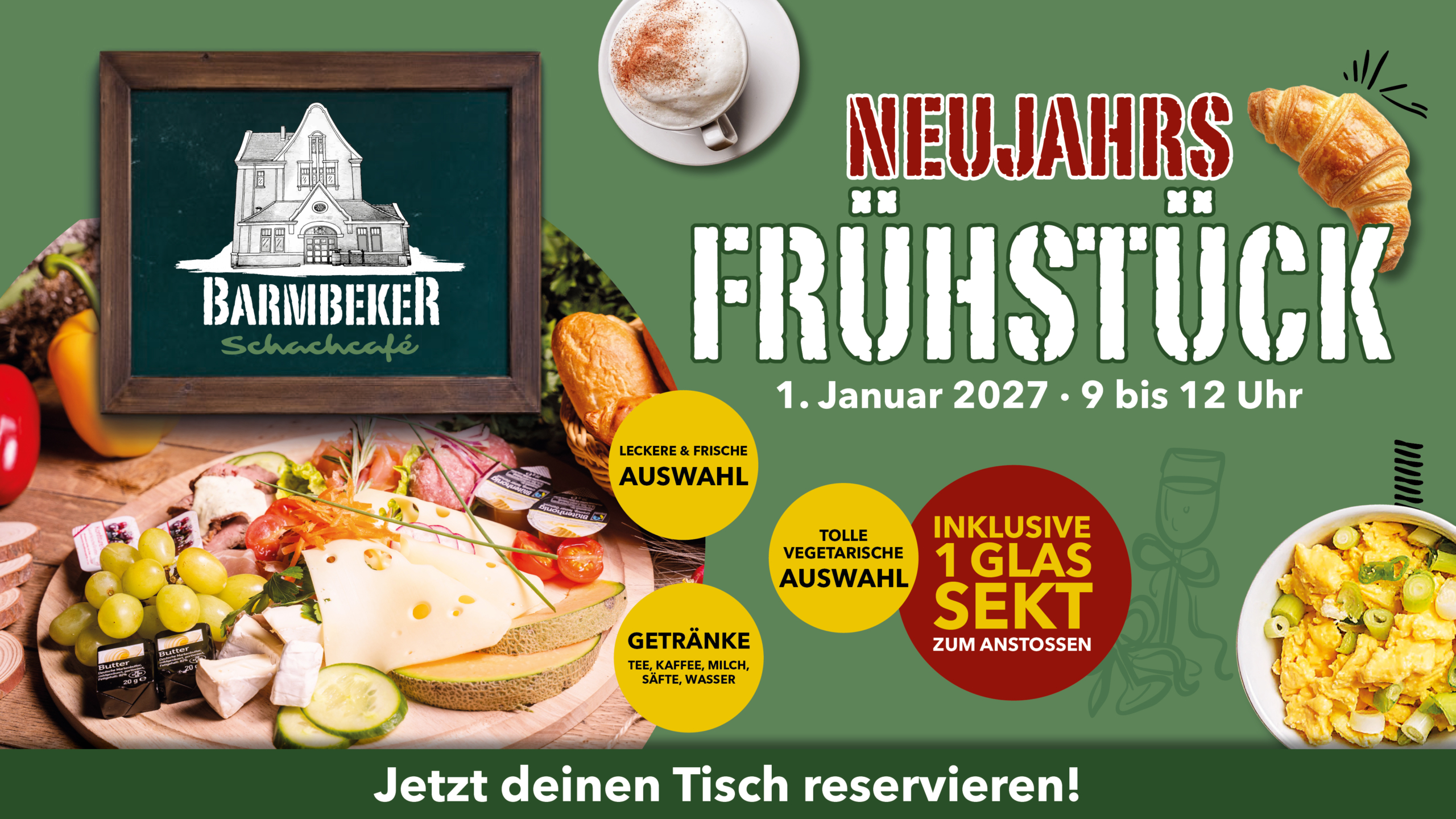 Neujahrsfrühstück im Barmbeker Schachcafé am 1. Januar 2027 von 9 bis 12 Uhr inklusive 1 Glas Sekt zum Anstoßen